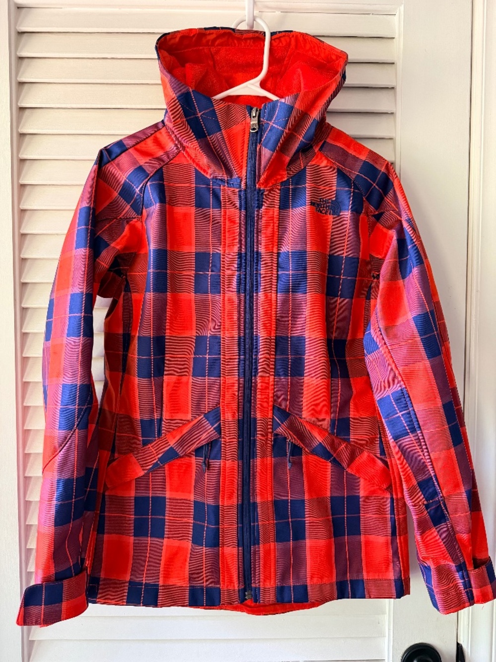 The North Face Womens Small Plaid Hooded Jacket Red Blue Full Zip Outdoor Ski